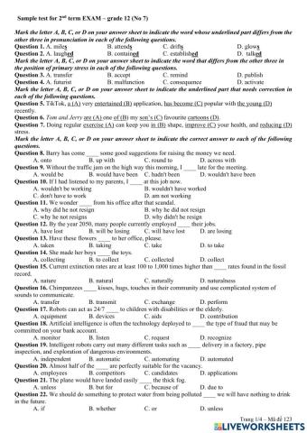 Sample test for 2nd term EXAM – grade 12 (NO7)