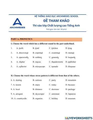 Đề Anh vào 6 đợt 2 vòng 2 Arc 2021-2022