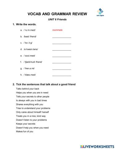 VOCAB AND GRAMMAR REVIEW UNIT 6 Friends