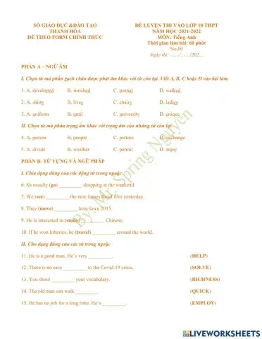 Đề ôn thi vào 10 - Số 09