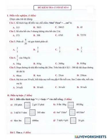 Toán 4 - Đề kiểm tra HK2 (đề 4)