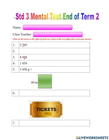 Std 3 Mental End of Term 2 Test