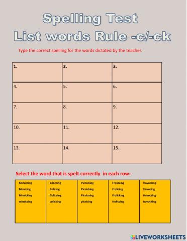 Spelling test c-ck rule list words