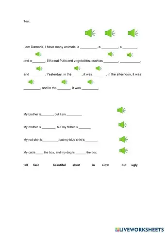 Test about farm animals, weather, opposites