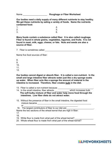 Carbohydrate dietary fiber worksheet
