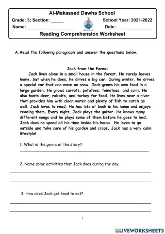 Reading Comprehension Worksheet