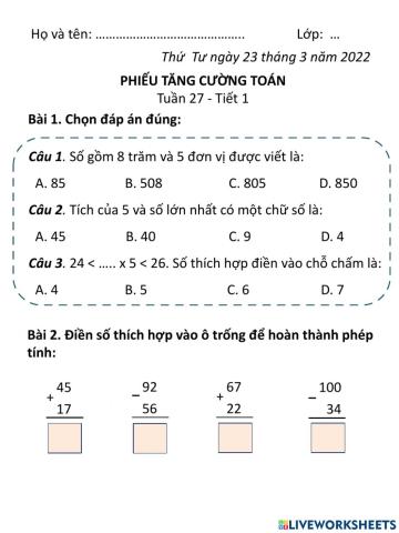 Phiếu Toán tuần 27