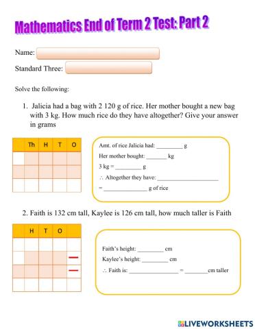 Std. 3 Mathematics End of Term Test - Part 2