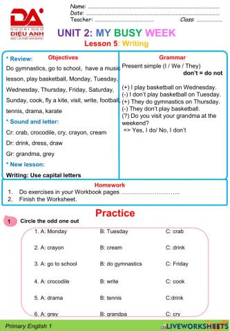 DieuAnh AS2 unit 2: My busy week (L5)