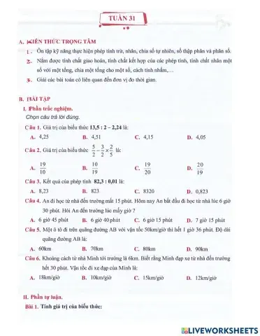 Toán 5 - Tuần 31 Bài tập