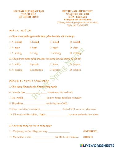 Đề thi vào 10 - Thanh Hóa năm 2021