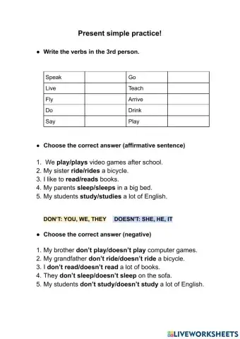 Present simple +-- practice