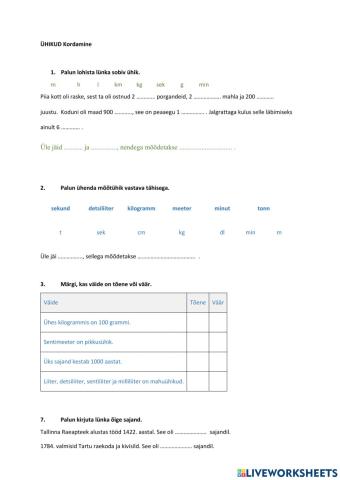Ühikud. 3. klass, kordamine kontrolltööks