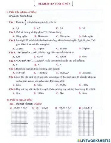 Toán 5 - Đề kiểm tra HK2 (đề 3)