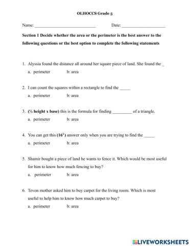 Area - Perimeter 2 Grade 5 BRC