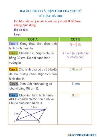 Bài 20: Chu vi và diện tích của một số tứ giác đã học