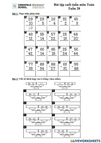 Phiếu bài tập Toán cuối tuần 28