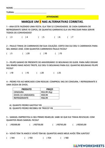 Problemas de matemática - adição e subtração