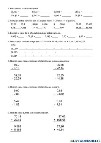 Ficha decimales y cálculo 2