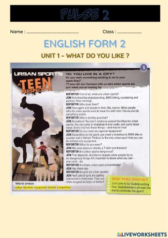 Pulse unit 1 reading comprehension