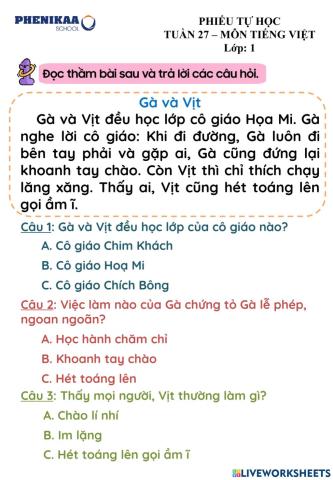 Phiếu cuối tuần 27 môn Tiếng Việt