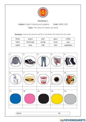 The names of clothes and food