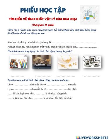 Phiếu học tập tìm hiểu TCVL của kim loại