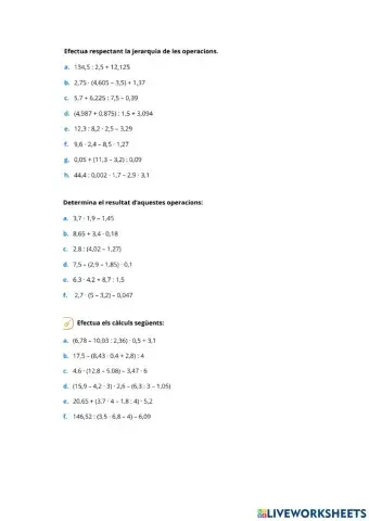 Fitxa 6: Operacions combinades amb nombres decimals