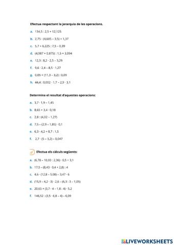 Fitxa 6: Operacions combinades amb nombres decimals