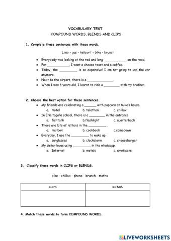 Compound words, blends and clip test