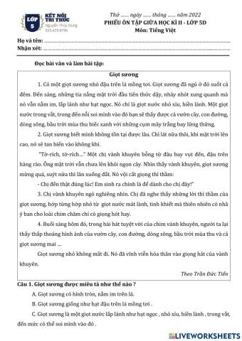 Ôn tập giữa kì 2 - Tiếng Việt - Đề 1