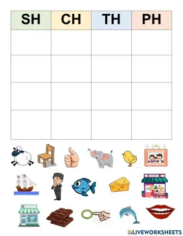 Digraphs sh, ch, th, ph for kids