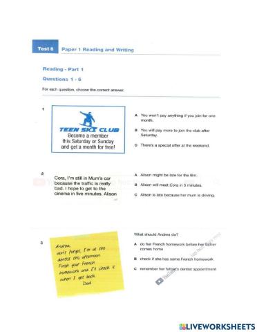 Ready for KEY A2 - TEST 6 - READING