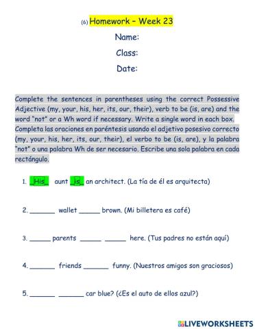 (6) Possessive Adjectives