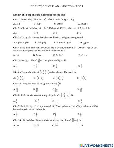 Đề ôn tập Toán 4 - Tuần 27