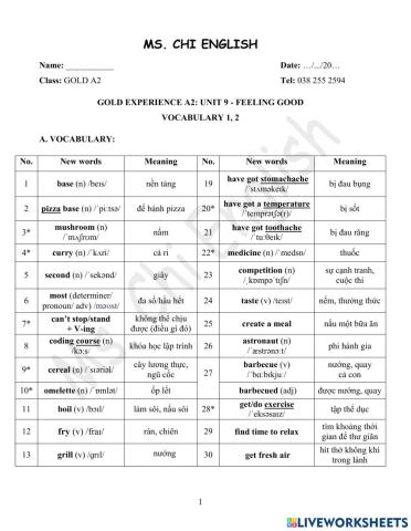28.03.22- Gold A2- U9 Vocab 1+2