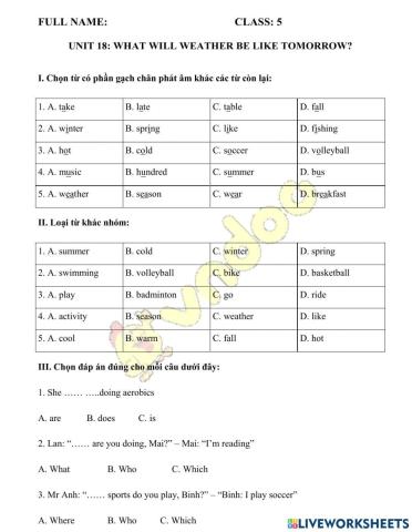 Unit 18: What will the weather be like tomorrow?
