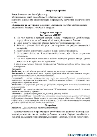 Лабораторна робота. Вивчення етапів ембріогенезу