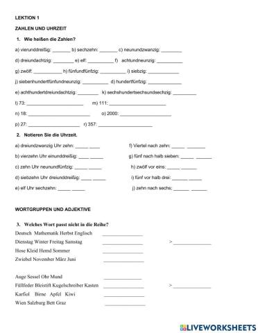 Zahlen, Wortgruppen und Adjektive