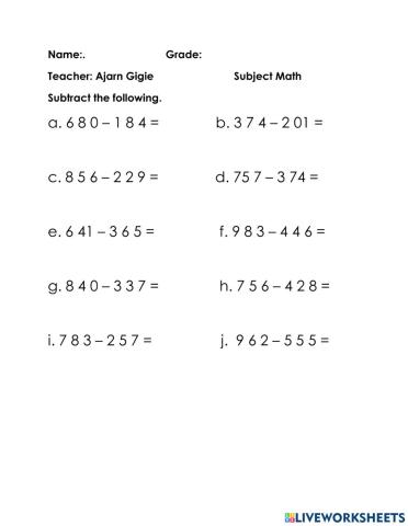 Subtraction without and with borrowing