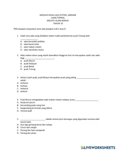 Ujian Topikal Melayu Islam Beraja Tahun 10