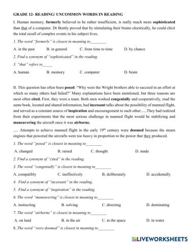 Grade 12- Reading- Vocab
