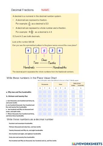 Place Value Decimals to Hundredths