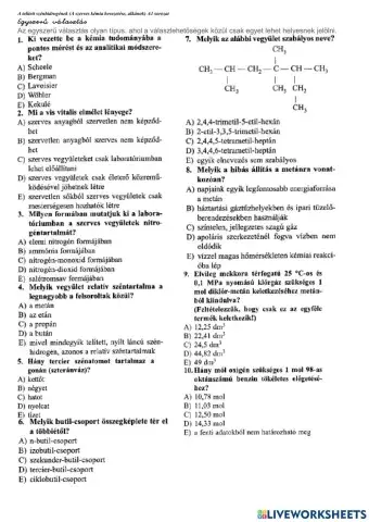Szerves kémia A-1 teszt