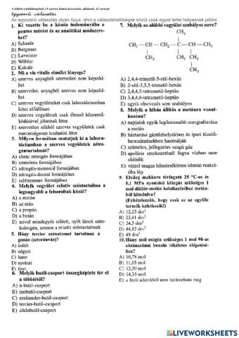 Szerves kémia A-1 teszt