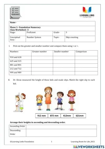 Phase 1– Foundation Numeracy Class Worksheet -3