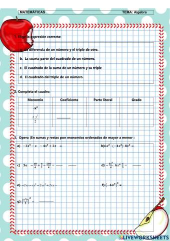 Monomios y operaciones con monomios