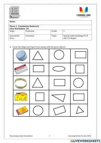 Phase 1– Foundation Numeracy Class Worksheet -20