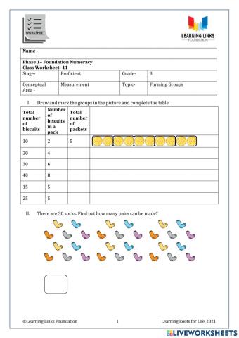Phase 1– Foundation Numeracy Class Worksheet -11