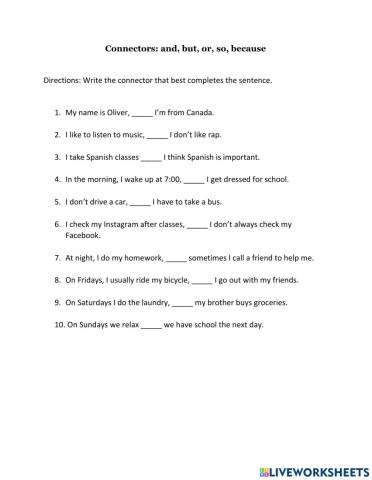 Connectors: and, but, or, so, because